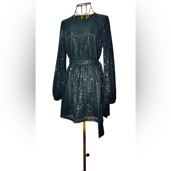 Forever 21 Black All-Over Sequined Mini Dress, Long Balloon Sleeves, Tie Belt, S - Picture 4 of 15